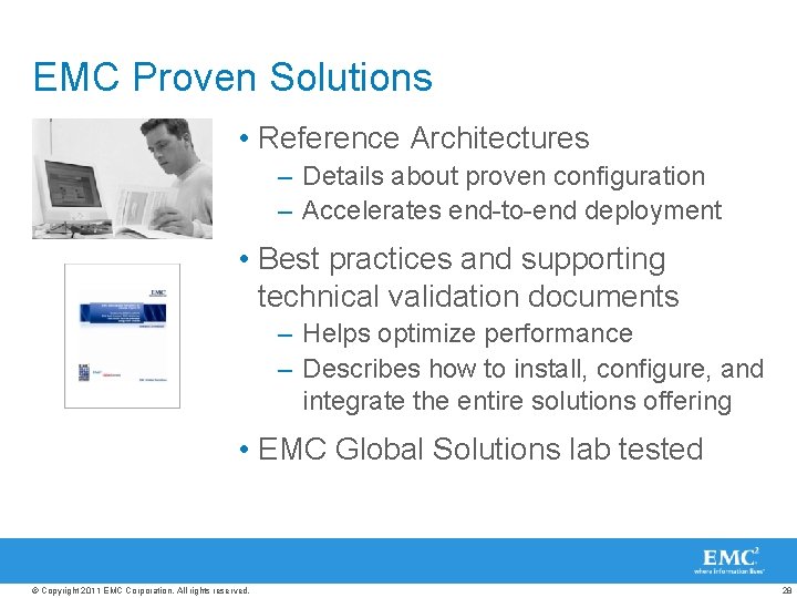 EMC Proven Solutions • Reference Architectures – Details about proven configuration – Accelerates end-to-end