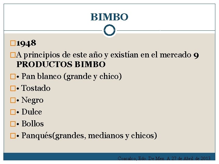 BIMBO � 1948 �A principios de este año y existían en el mercado 9