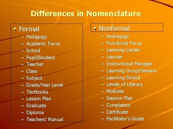 Differences in Nomenclature Formal – – – – Pedagogy Academic Focus School Pupil/Student Teacher