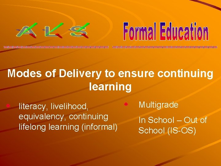 Modes of Delivery to ensure continuing learning literacy, livelihood, equivalency, continuing lifelong learning (informal)