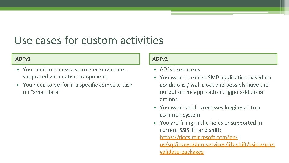 Use cases for custom activities ADFv 1 ADFv 2 • You need to access