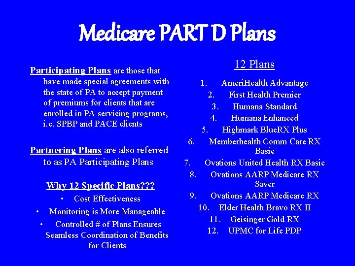 Medicare PART D Plans 12 Plans Participating Plans are those that have made special