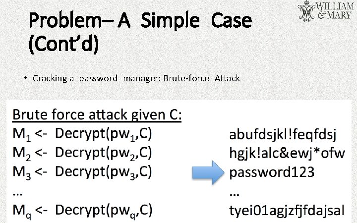 Problem– A Simple Case (Cont’d) • Cracking a password manager: Brute-force Attack 