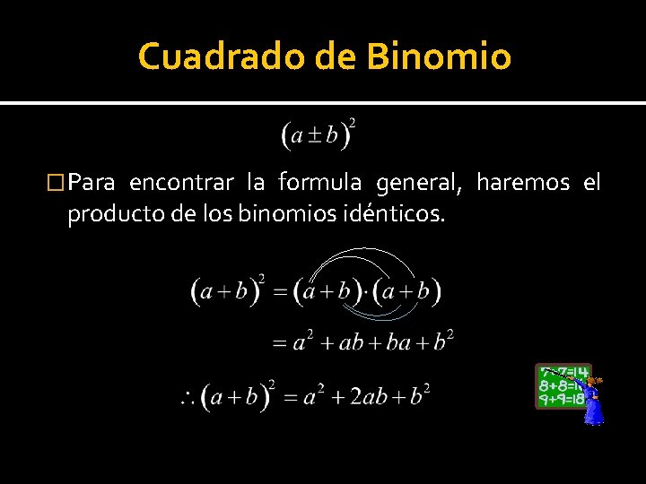 Cuadrado de Binomio � Para encontrar la formula general, haremos el producto de los