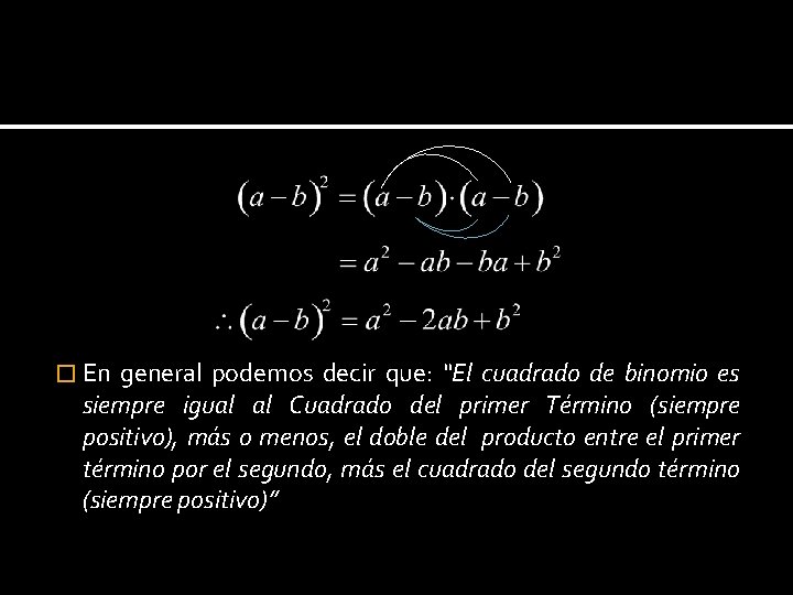 � En general podemos decir que: “El cuadrado de binomio es siempre igual al