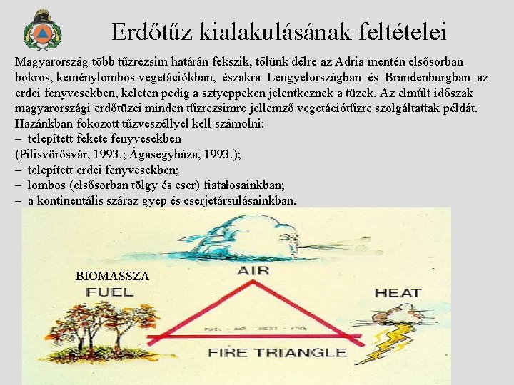 Erdőtűz kialakulásának feltételei Magyarország több tűzrezsim határán fekszik, tőlünk délre az Adria mentén elsősorban