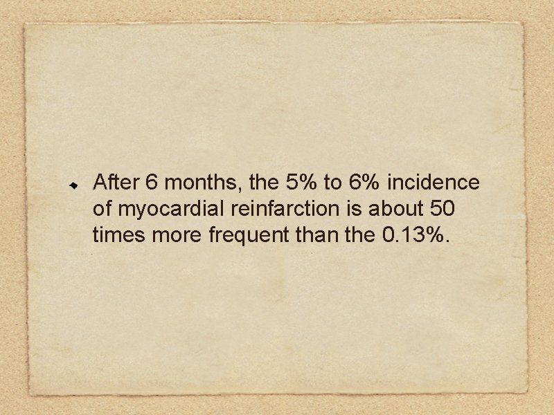 After 6 months, the 5% to 6% incidence of myocardial reinfarction is about 50