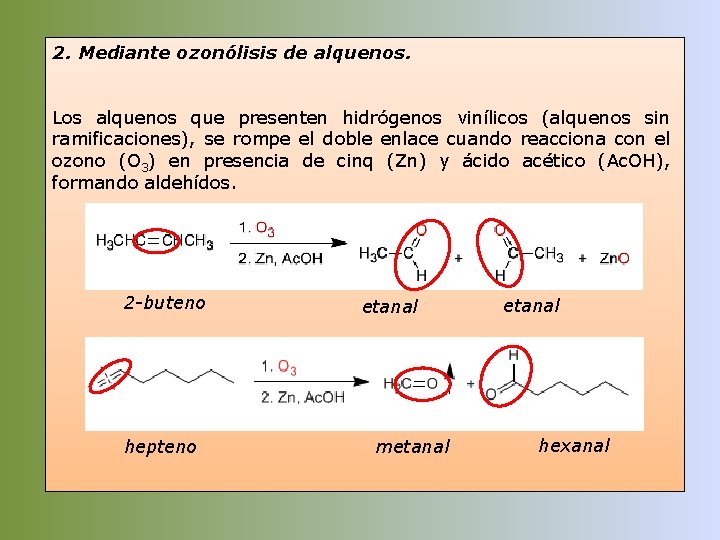 2. Mediante ozonólisis de alquenos. Los alquenos que presenten hidrógenos vinílicos (alquenos sin ramificaciones),