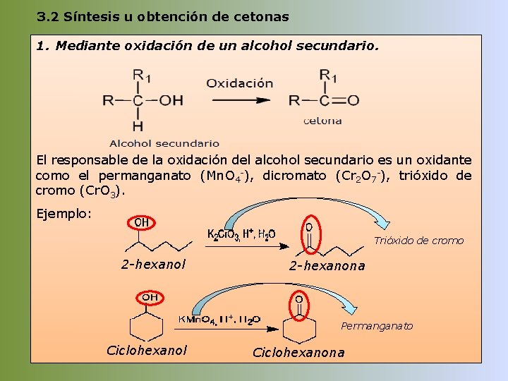 3. 2 Síntesis u obtención de cetonas 1. Mediante oxidación de un alcohol secundario.