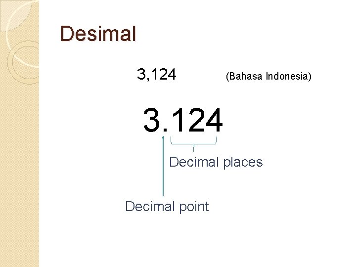 Desimal 3, 124 (Bahasa Indonesia) 3. 124 Decimal places Decimal point 