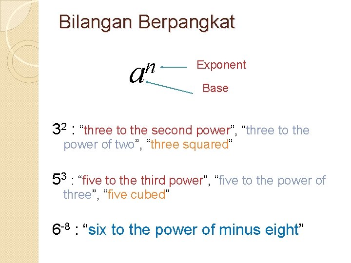 Bilangan Berpangkat n a Exponent Base 32 : “three to the second power”, “three