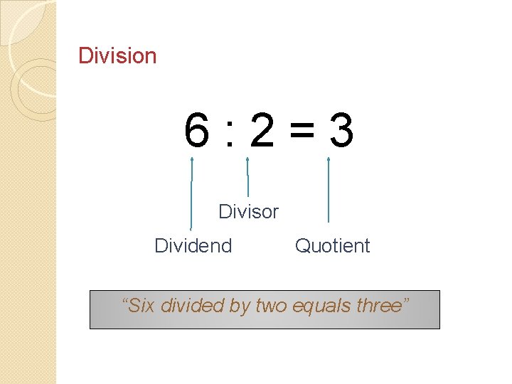Division 6: 2=3 Divisor Dividend Quotient “Six divided by two equals three” 