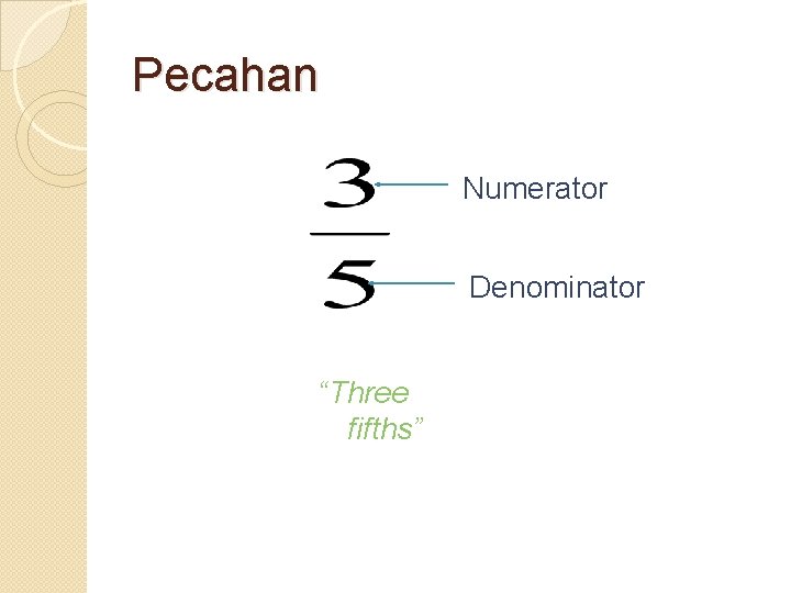 Pecahan Numerator Denominator “Three fifths” 