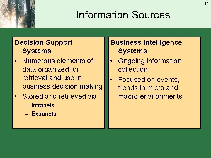 11 Information Sources Decision Support Systems • Numerous elements of data organized for retrieval