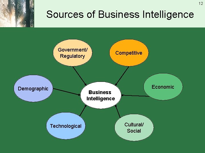 12 Sources of Business Intelligence Government/ Regulatory Demographic Competitive Economic Business Intelligence Technological Cultural/