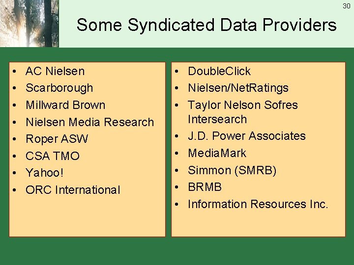 30 Some Syndicated Data Providers • • AC Nielsen Scarborough Millward Brown Nielsen Media