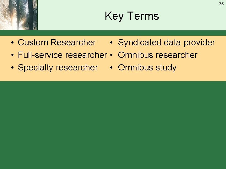 36 Key Terms • Custom Researcher • Syndicated data provider • Full-service researcher •