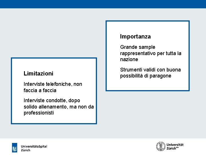 Importanza Grande sample rappresentativo per tutta la nazione Limitazioni Strumenti validi con buona possibilità