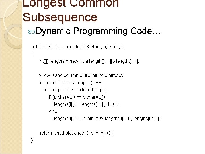 Longest Common Subsequence Dynamic Programming Code… public static int compute. LCS(String a, String b)