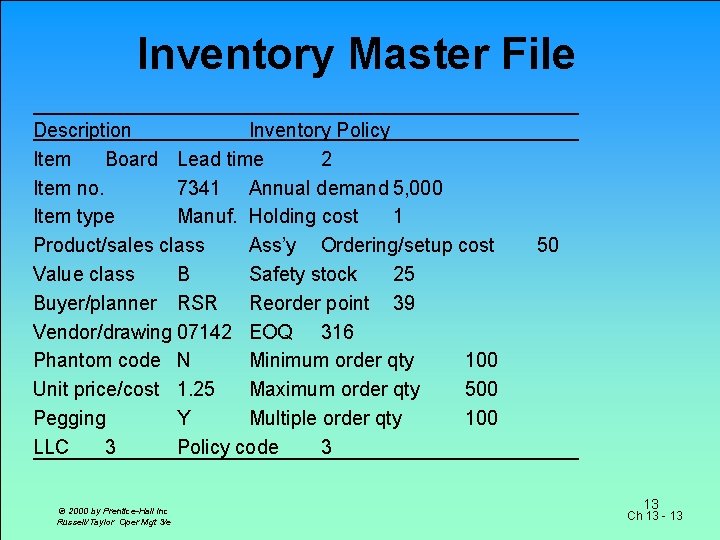 Inventory Master File Description Inventory Policy Item Board Lead time 2 Item no. 7341