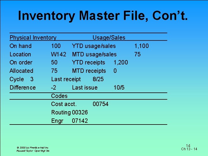 Inventory Master File, Con’t. Physical Inventory Usage/Sales On hand 100 YTD usage/sales Location W