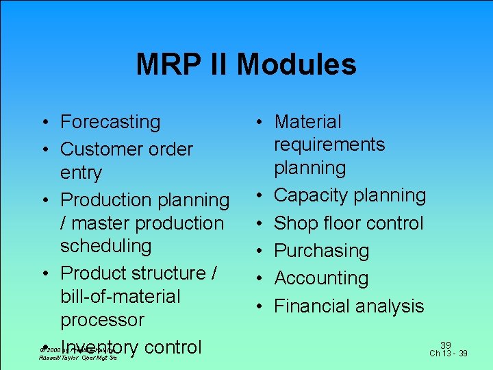 MRP II Modules • Forecasting • Customer order entry • Production planning / master
