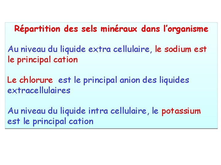 Répartition des sels minéraux dans l’organisme Au niveau du liquide extra cellulaire, le sodium