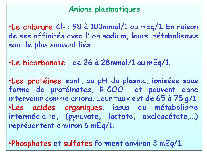 Anions plasmatiques • Le chlorure Cl- : 98 à 103 mmol/1 ou m. Eq/1.