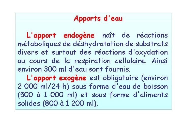 Apports d'eau L'apport endogène naît de réactions métaboliques de déshydratation de substrats divers et