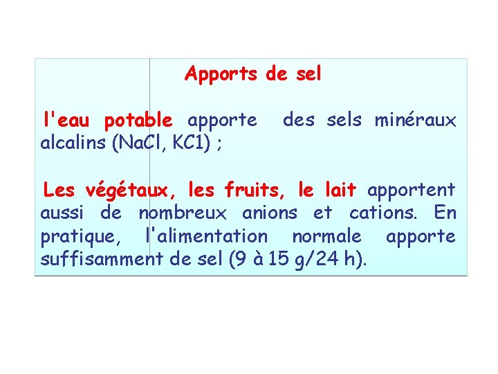 Apports de sel l'eau potable apporte alcalins (Na. Cl, KC 1) ; des sels