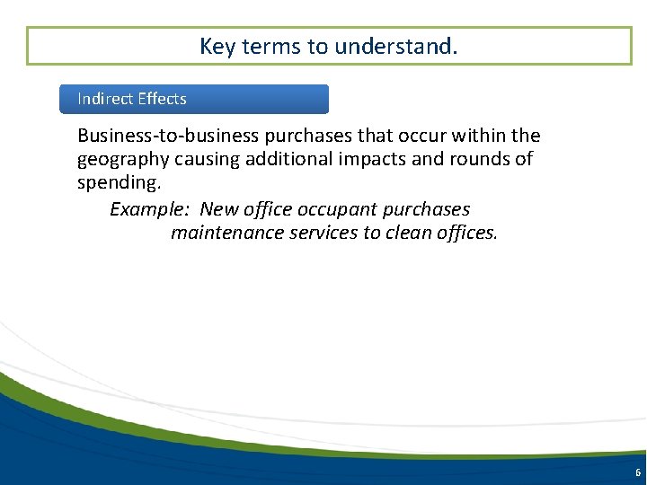 Key terms to understand. Indirect Effects Business-to-business purchases that occur within the geography causing