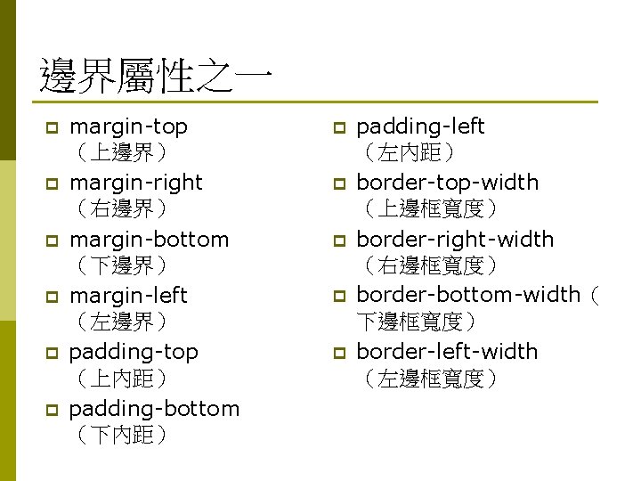 邊界屬性之一 p p p margin-top （上邊界） margin-right （右邊界） margin-bottom （下邊界） margin-left （左邊界） padding-top （上內距）