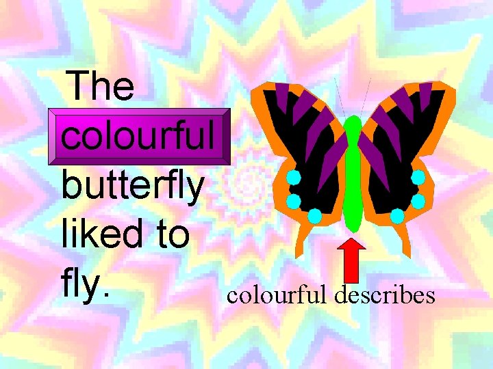 The colourful butterfly liked to fly. colourful describes 