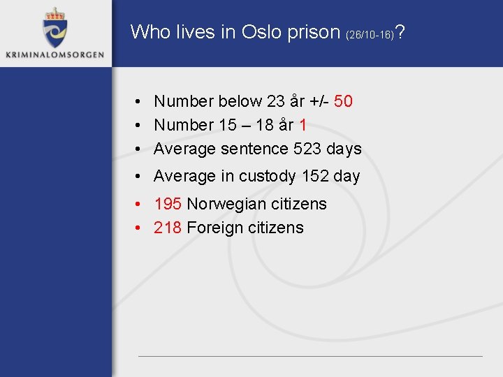 Who lives in Oslo prison (26/10 -16)? • Number below 23 år +/- 50