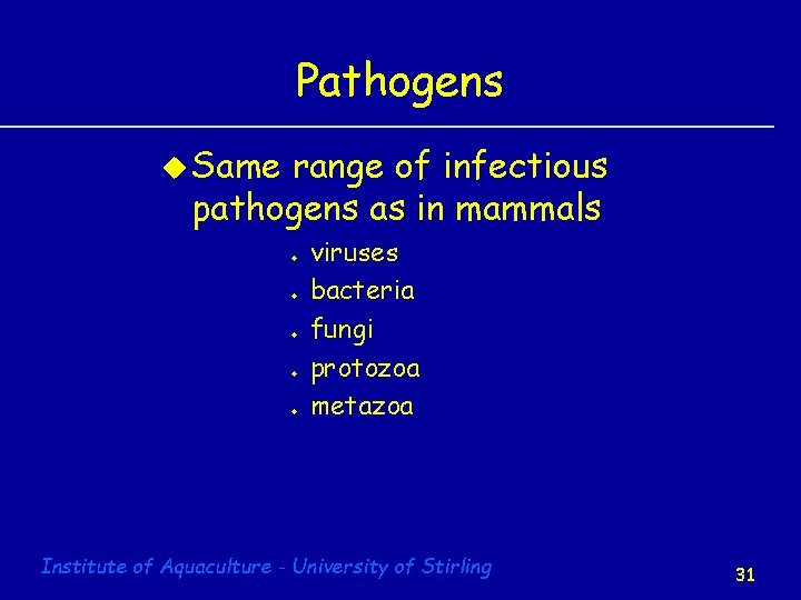 Pathogens u Same range of infectious pathogens as in mammals u u u viruses