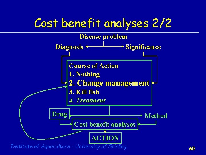 Cost benefit analyses 2/2 Disease problem Diagnosis Significance Course of Action 1. Nothing 2.
