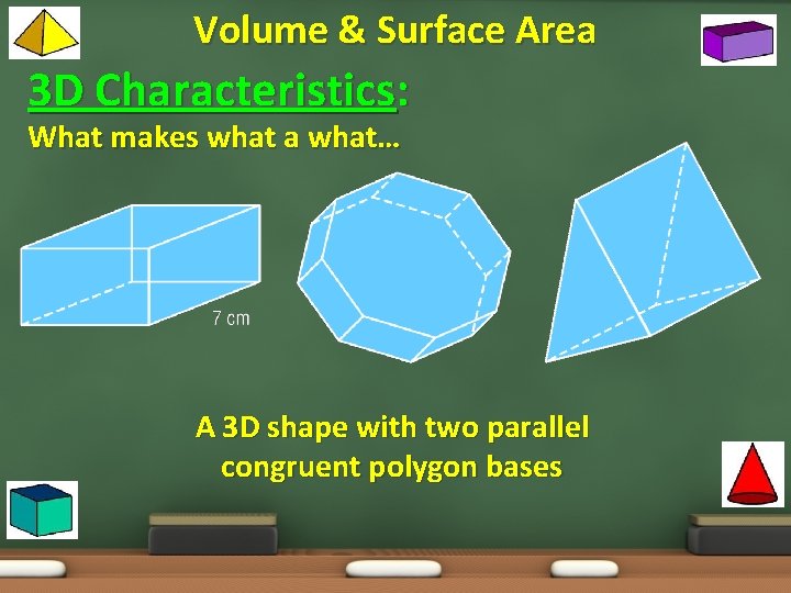 Volume & Surface Area 3 D Characteristics: What makes what a what… A 3