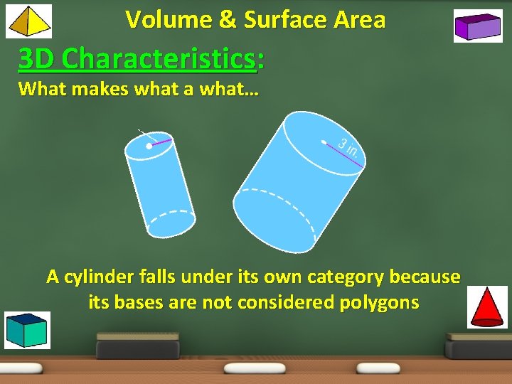 Volume & Surface Area 3 D Characteristics: What makes what a what… A cylinder