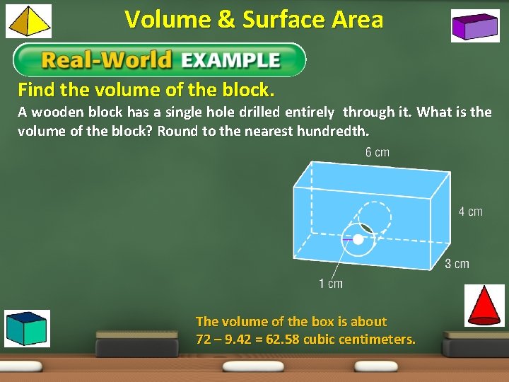 Volume & Surface Area Find the volume of the block. A wooden block has