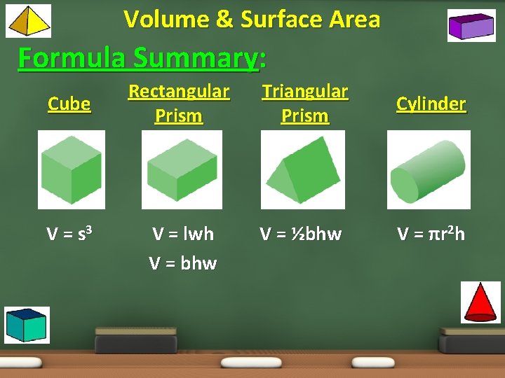 Volume & Surface Area Formula Summary: Cube V = s 3 Rectangular Prism Triangular
