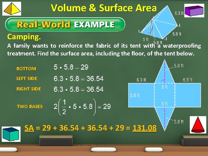 Volume & Surface Area Camping. A family wants to reinforce the fabric of its