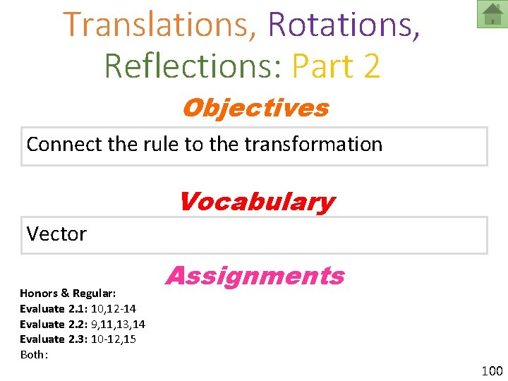 Translations, Rotations, Reflections: Part 2 Objectives Connect the rule to the transformation Vocabulary Vector