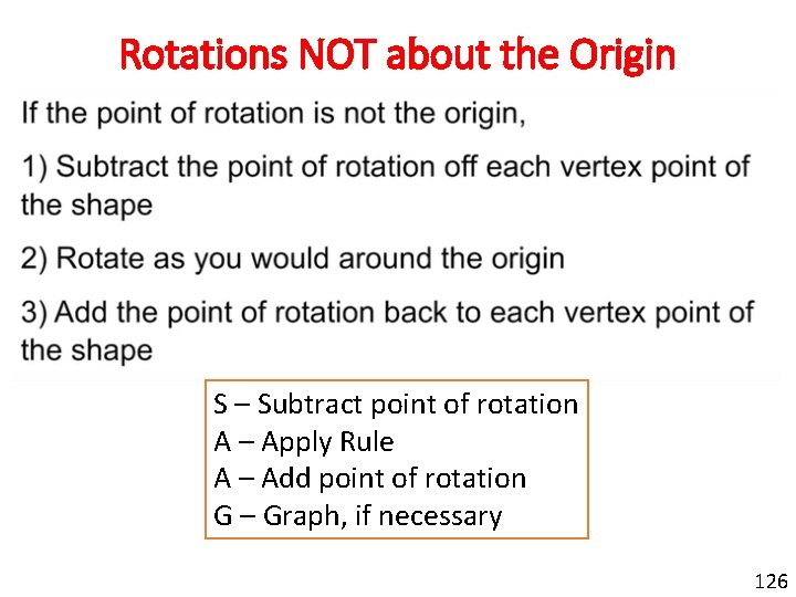 Rotations NOT about the Origin S – Subtract point of rotation A – Apply