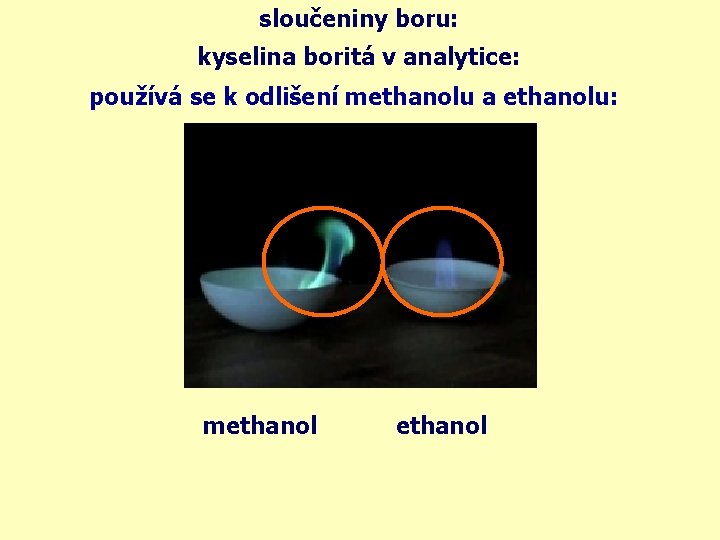 sloučeniny boru: kyselina boritá v analytice: používá se k odlišení methanolu a ethanolu: methanol