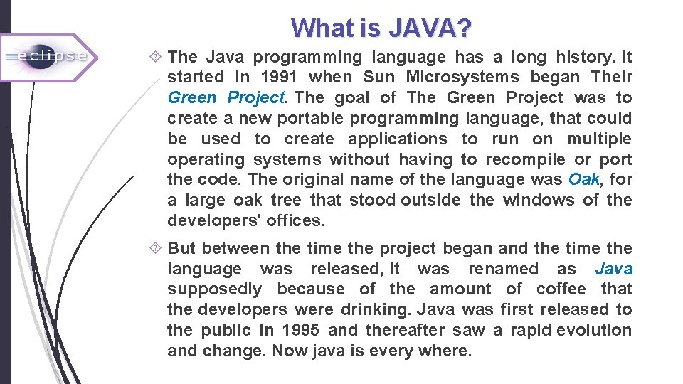 What is JAVA? The Java programming language has a long history. It started in