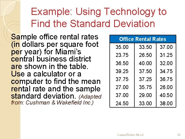 Example: Using Technology to Find the Standard Deviation Sample office rental rates (in dollars