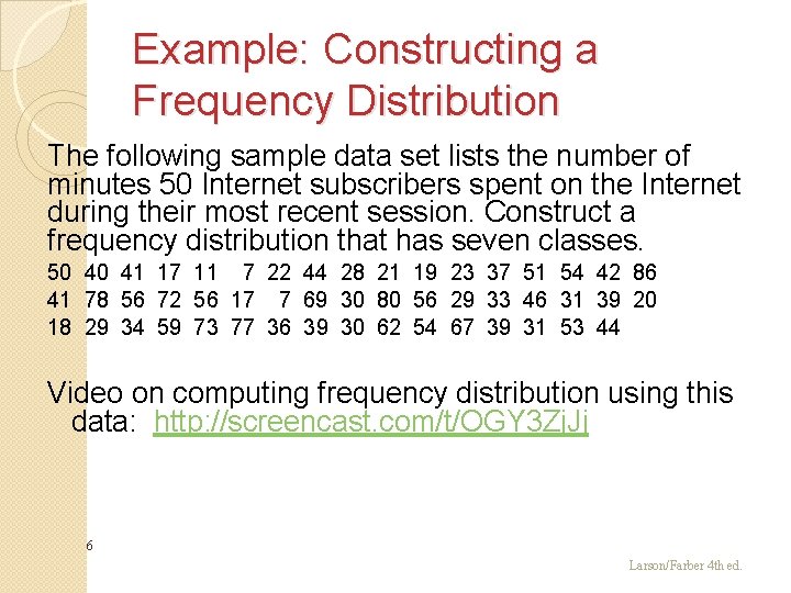 Example: Constructing a Frequency Distribution The following sample data set lists the number of