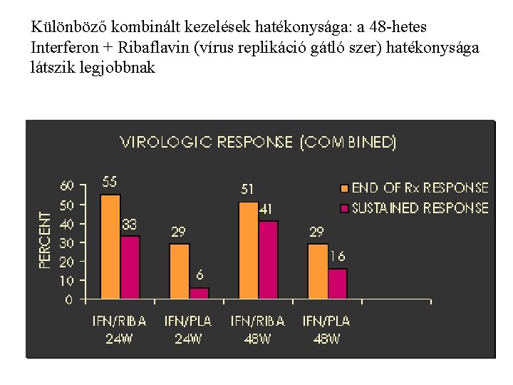 Különböző kombinált kezelések hatékonysága: a 48 -hetes Interferon + Ribaflavin (vírus replikáció gátló szer)