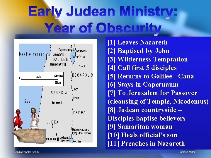 [1] Leaves Nazareth [2] Baptised by John [3] Wilderness Temptation [4] Call first 5