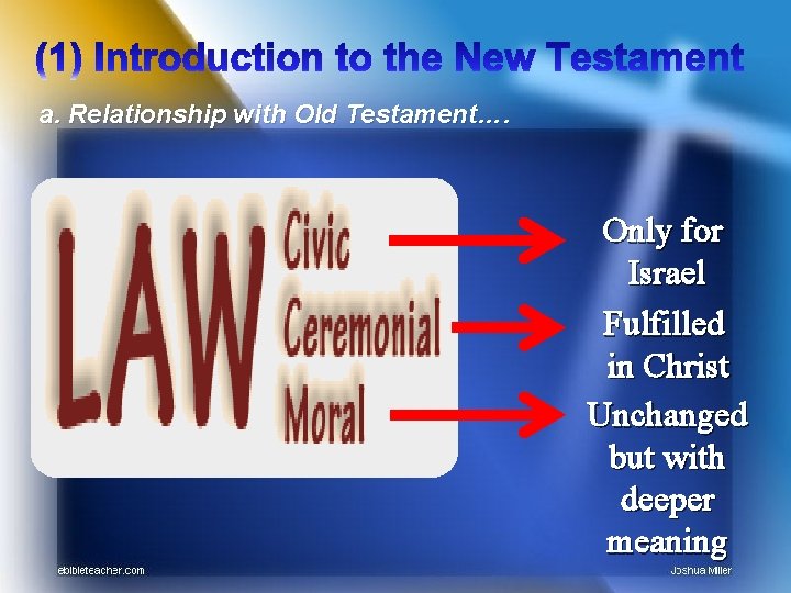 a. Relationship with Old Testament…. Only for Israel Fulfilled in Christ Unchanged but with